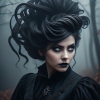 a gothic woman with black hair and black makeup in the forest