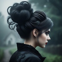 a gothic woman with black hair in a foggy day