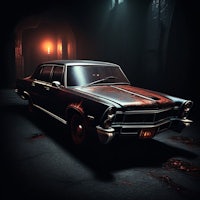 an old car in a dark room with blood on it