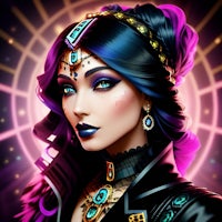 an image of a woman with purple hair and jewelry